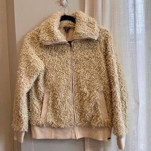 Eddie Bauer Cream Faux Fur Shearling Sherpa Zip Up Jacket Sweater, medium